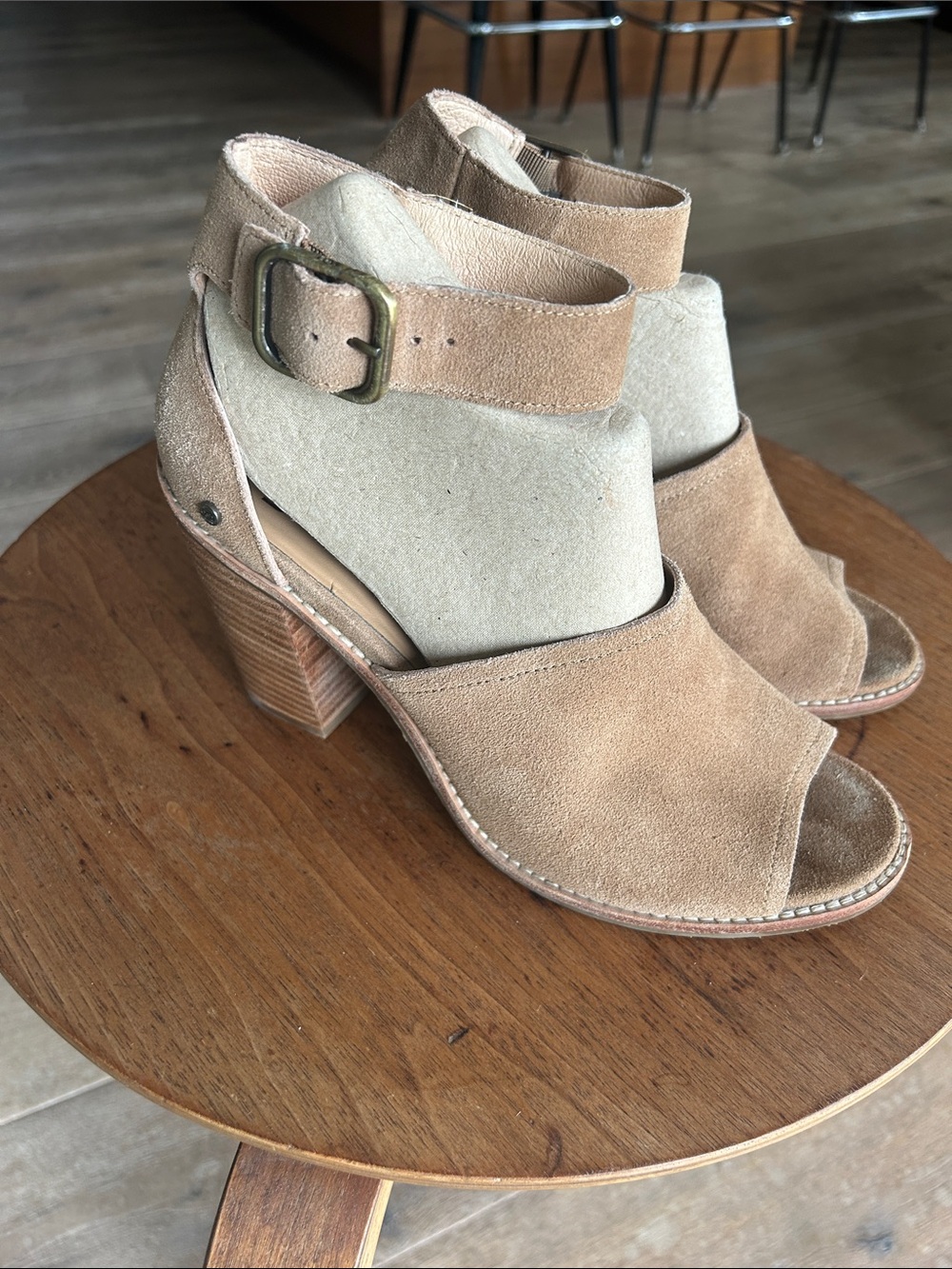 UGG Tan Suede Open-Toe Ankle Strap Block Heels